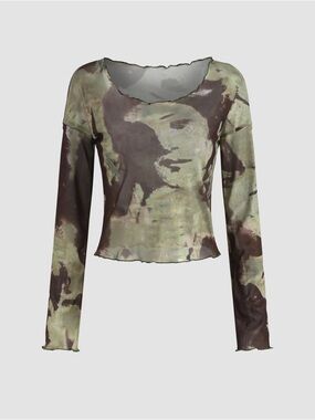 Cider Mesh Sheer Feminine Women Print Top Lettuce Edge Trim Women’s Size L Y2K